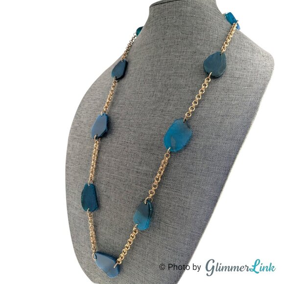 Vintage RG Graziano Blue Agate Long Gold Tone Necklace 36 Inch Layering Station - Picture 4 of 11